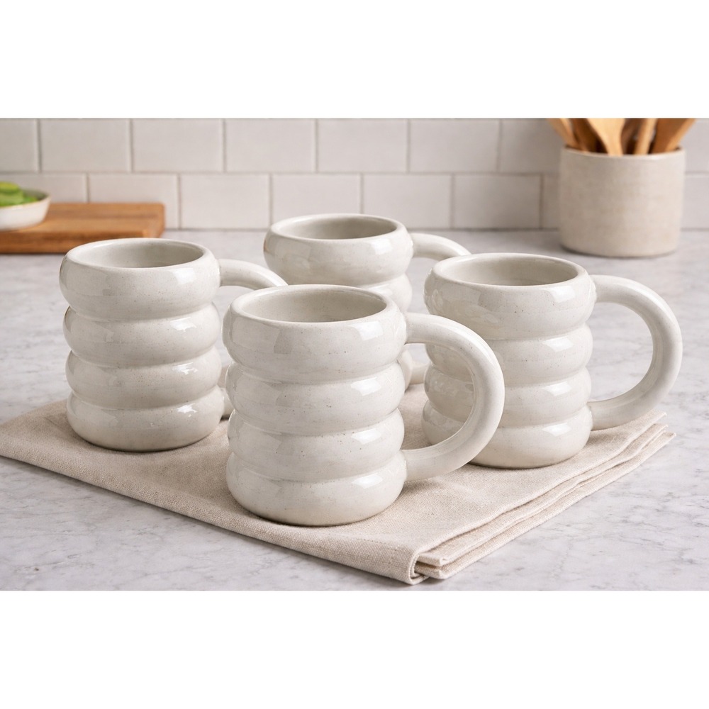 Room Essentials Stoneware Coffee Mug Speckled‎ White Gray Ribbed Set of 4
